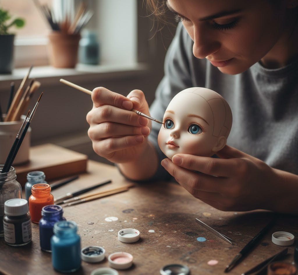 Close-up of artisan painting mini doll face
