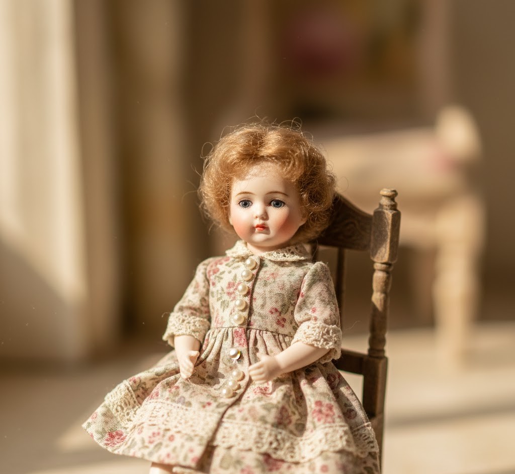 Vintage style mini doll sitting on wooden chair