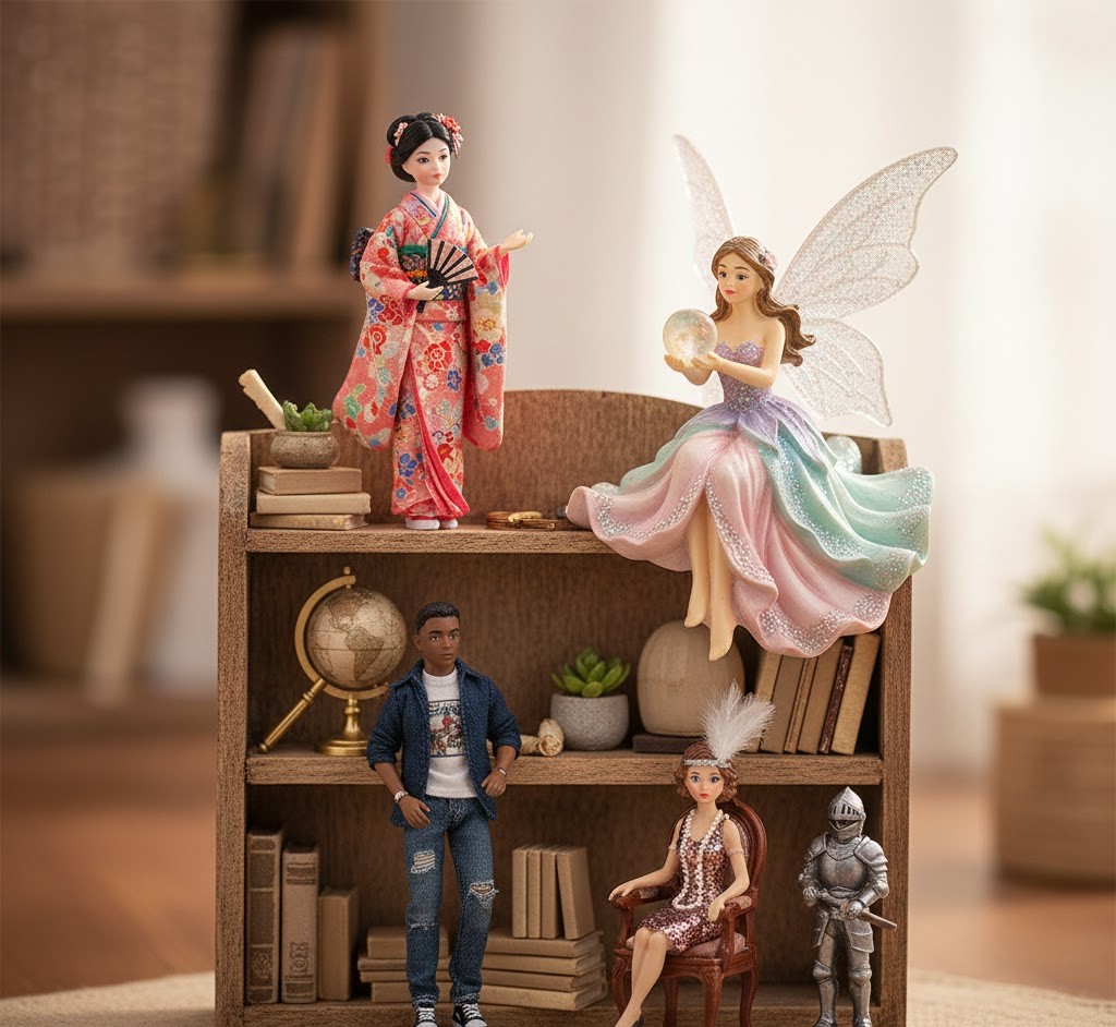Group of mini dolls arranged on tiny bookshelf