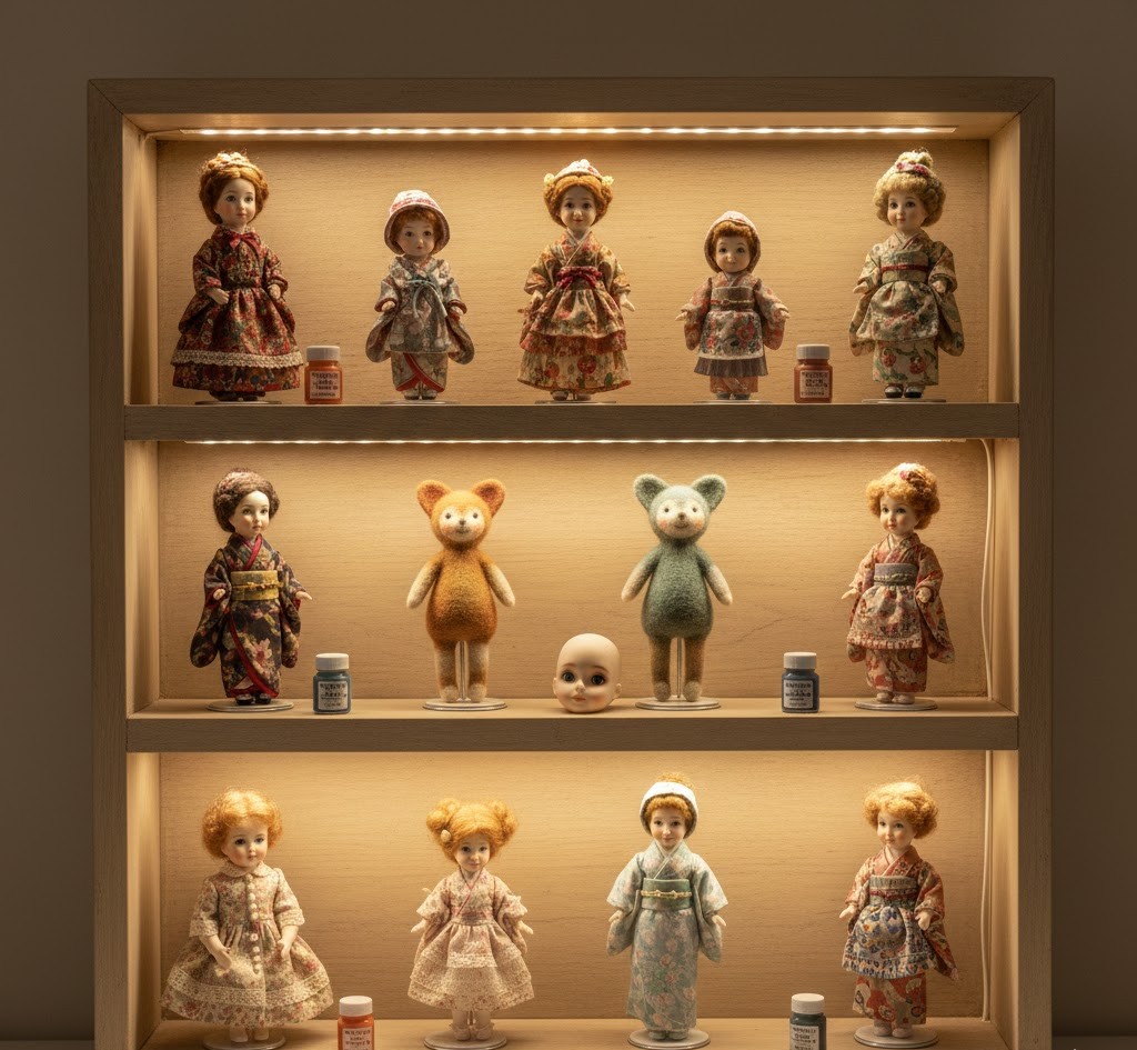 Display shelf showing finished mini dolls and figurines